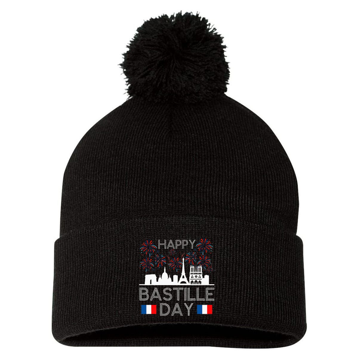 Happy Bastille Day France Paris French Flag Fireworks Pom Pom 12in Knit Beanie