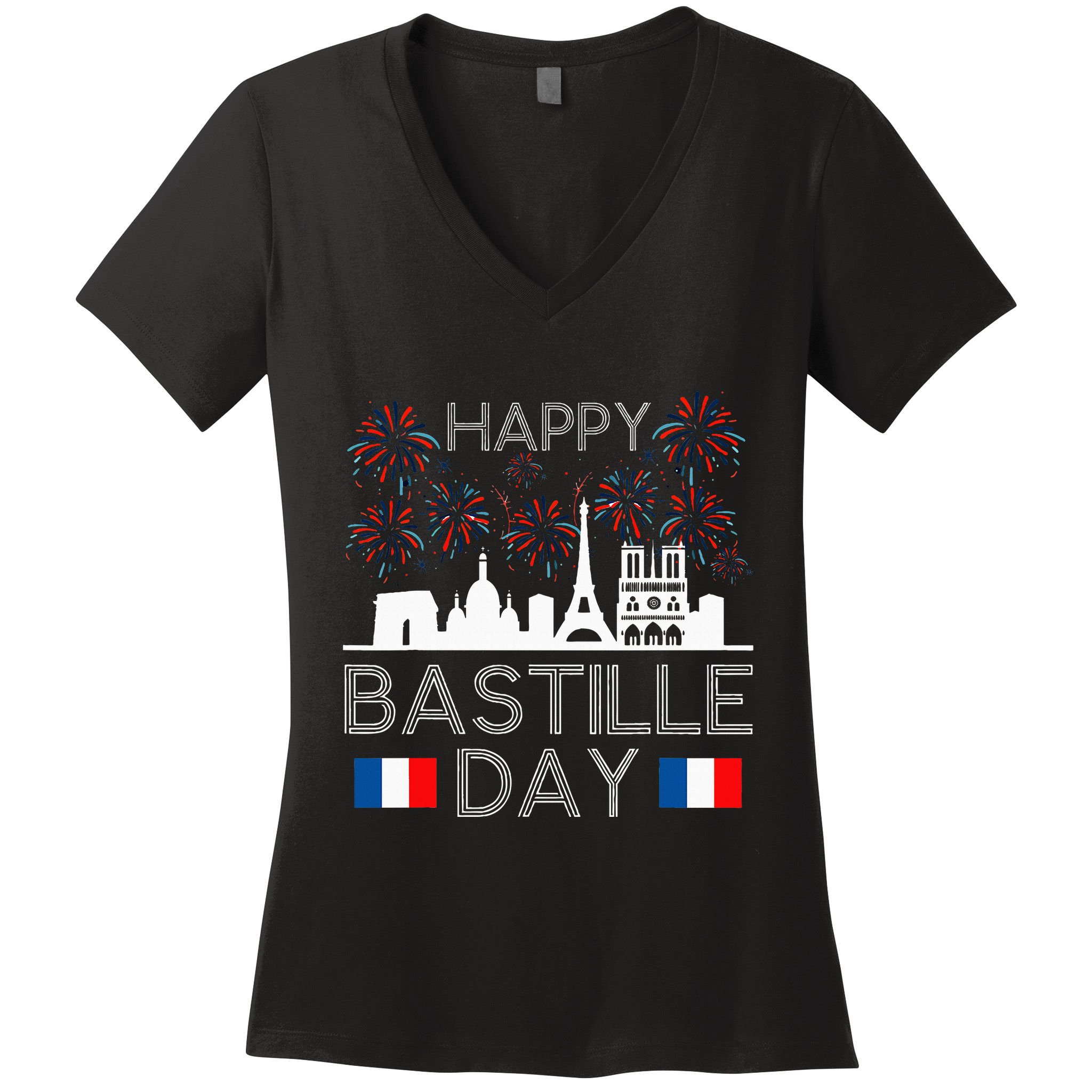 Happy Bastille Day France Paris French Flag Fireworks Women's V-Neck T-Shirt