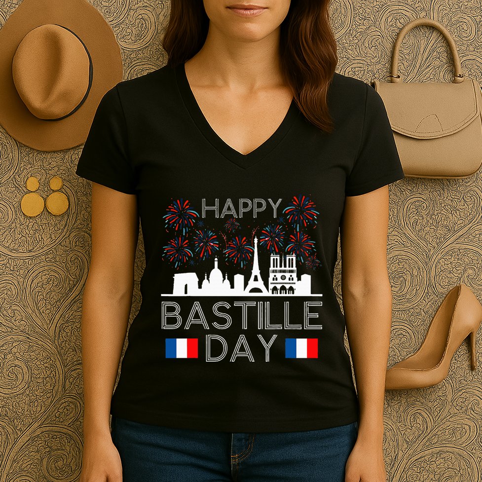 Happy Bastille Day France Paris French Flag Fireworks Women's V-Neck T-Shirt