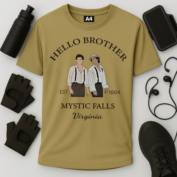 Hello Brother Est 1864 Mystic Falls Virginia Salvatore Cooling Performance Crew T-Shirt