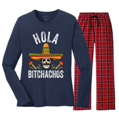 Hola Bitchachos Funny Mexican Skull Cinco De Mayo Women's Long Sleeve Flannel Pajama Set 