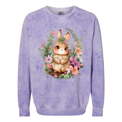 Happy Bunny Flower Graphic Easter Bunny Rabbit Women Colorblast Crewneck Sweatshirt