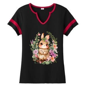 Happy Bunny Flower Graphic Easter Bunny Rabbit Women Ladies Halftime Notch Neck Tee