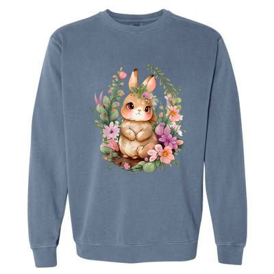 Happy Bunny Flower Graphic Easter Bunny Rabbit Women Garment-Dyed Sweatshirt