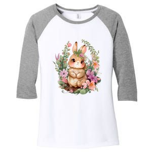 Happy Bunny Flower Graphic Easter Bunny Rabbit Women Women's Tri-Blend 3/4-Sleeve Raglan Shirt