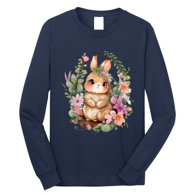 Happy Bunny Flower Graphic Easter Bunny Rabbit Women Long Sleeve Shirt