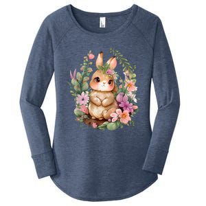 Happy Bunny Flower Graphic Easter Bunny Rabbit Women Women's Perfect Tri Tunic Long Sleeve Shirt