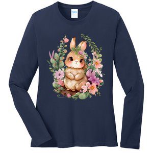 Happy Bunny Flower Graphic Easter Bunny Rabbit Women Ladies Long Sleeve Shirt