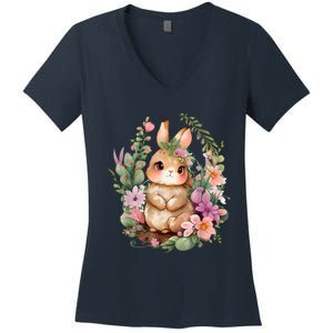 Happy Bunny Flower Graphic Easter Bunny Rabbit Women Women's V-Neck T-Shirt