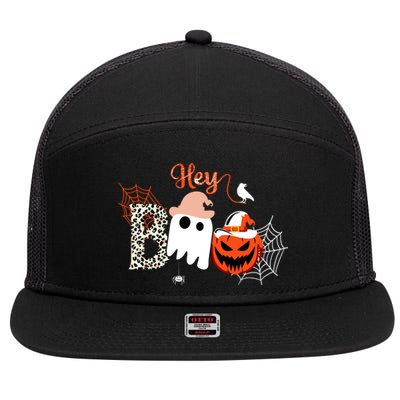 Hey Boo Funny Halloween Cute Ghost Pumpkin 7 Panel Mesh Trucker Snapback Hat