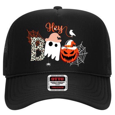 Hey Boo Funny Halloween Cute Ghost Pumpkin High Crown Mesh Back Trucker Hat