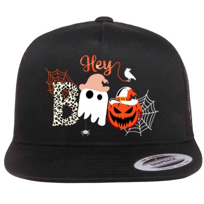 Hey Boo Funny Halloween Cute Ghost Pumpkin Flat Bill Trucker Hat