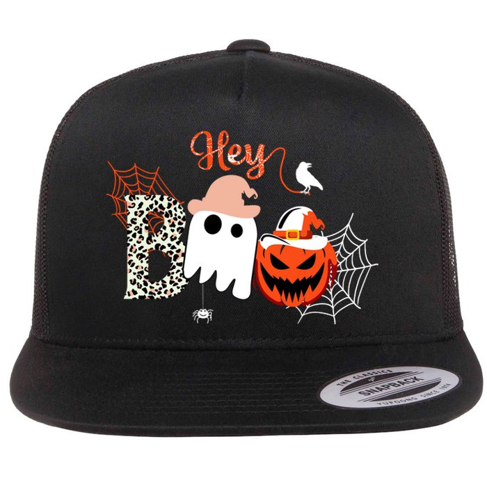 Hey Boo Funny Halloween Cute Ghost Pumpkin Flat Bill Trucker Hat