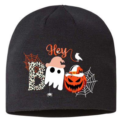 Hey Boo Funny Halloween Cute Ghost Pumpkin Sustainable Beanie