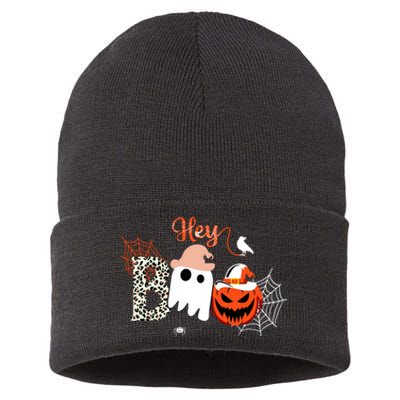 Hey Boo Funny Halloween Cute Ghost Pumpkin Sustainable Knit Beanie