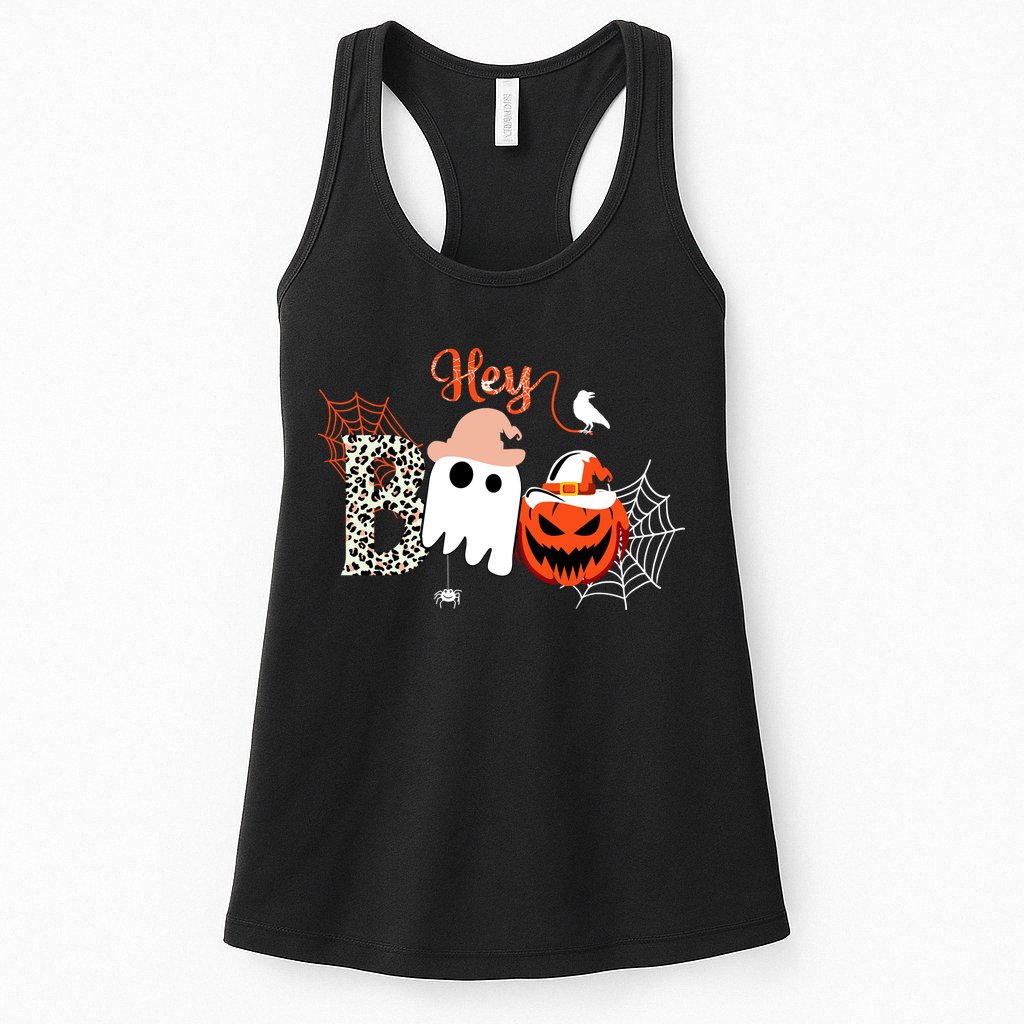 Hey Boo Funny Halloween Cute Ghost Pumpkin Womens Tank Top