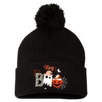 Hey Boo Funny Halloween Cute Ghost Pumpkin Pom Pom 12in Knit Beanie