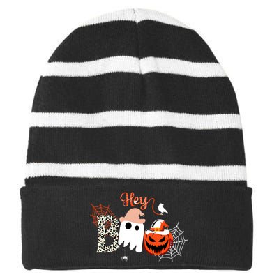 Hey Boo Funny Halloween Cute Ghost Pumpkin Striped Beanie with Solid Band