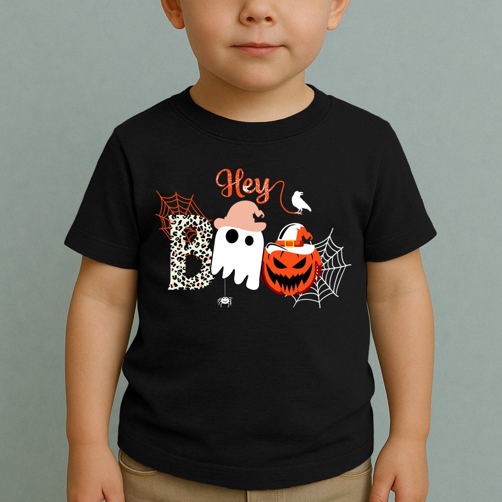 Hey Boo Funny Halloween Cute Ghost Pumpkin Toddler T-Shirt