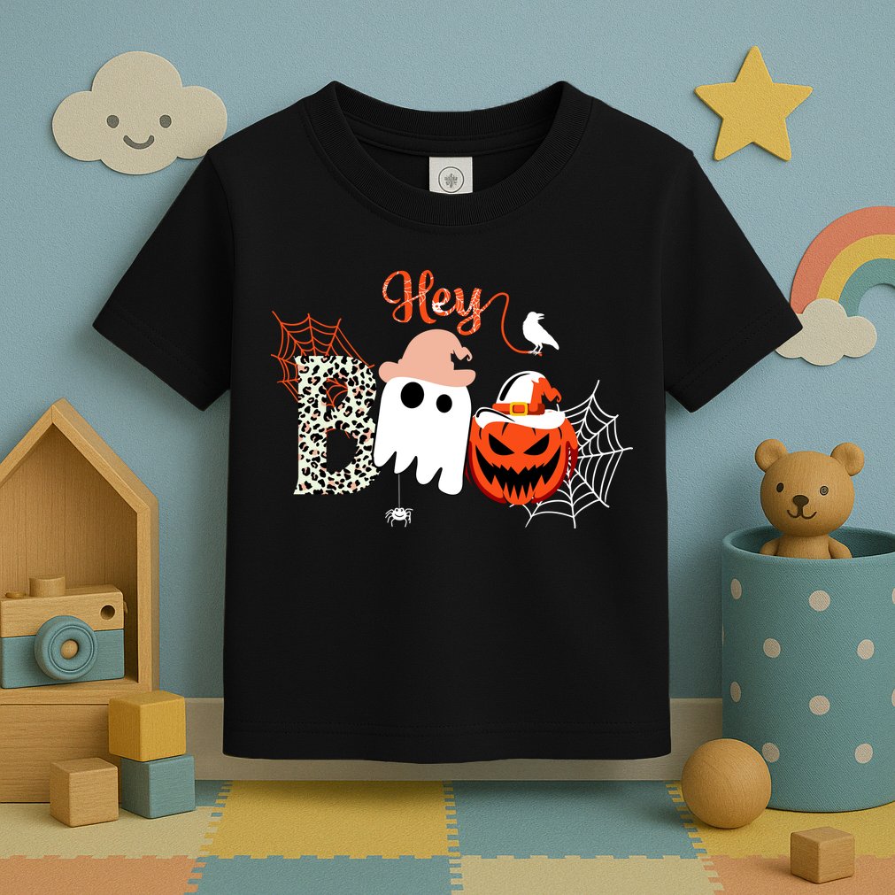 Hey Boo Funny Halloween Cute Ghost Pumpkin Toddler T-Shirt