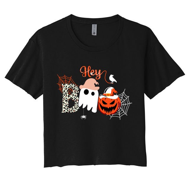 Hey Boo Funny Halloween Cute Ghost Pumpkin Crop Top