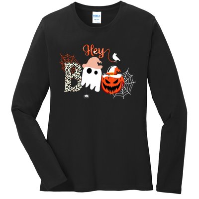 Hey Boo Funny Halloween Cute Ghost Pumpkin Ladies Long Sleeve Shirt