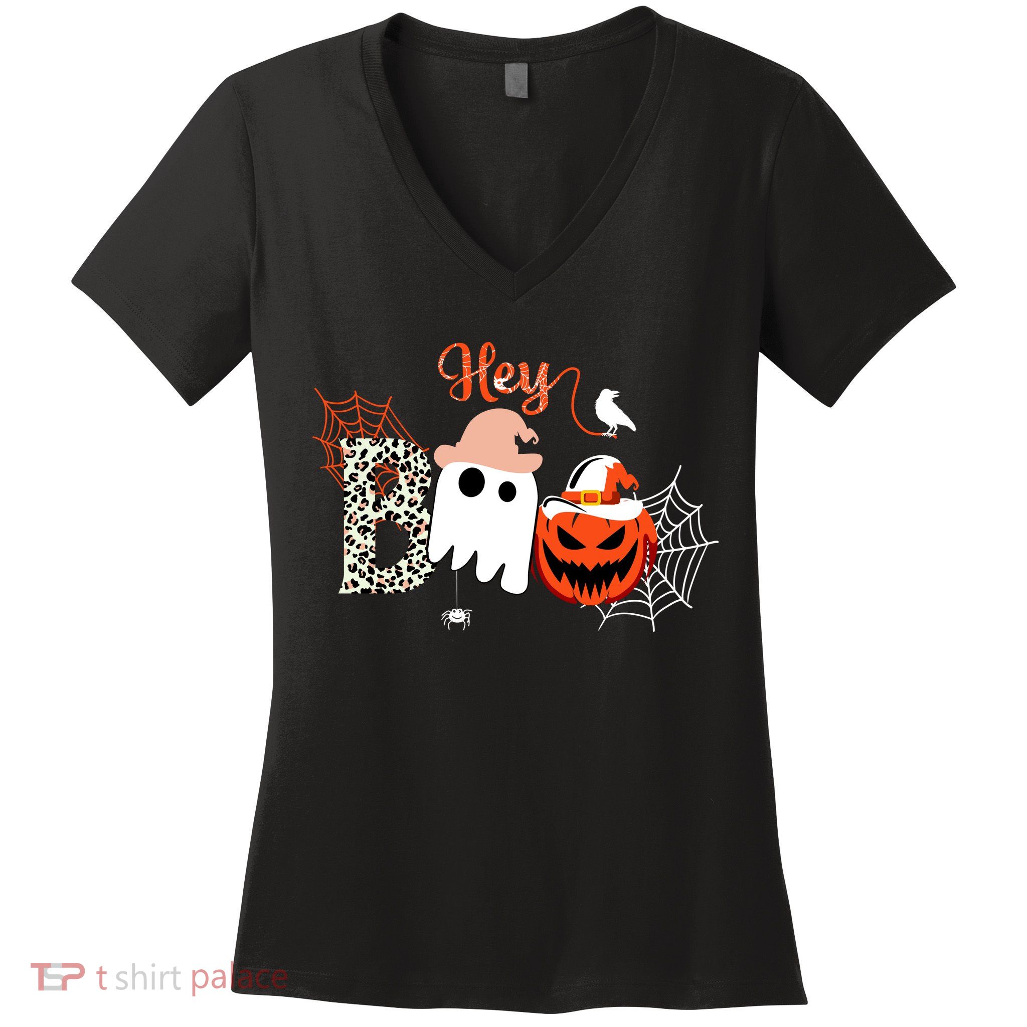 Hey Boo Funny Halloween Cute Ghost Pumpkin Women's V-Neck T-Shirt