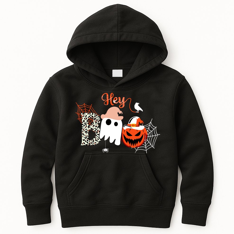 Hey Boo Funny Halloween Cute Ghost Pumpkin Kids Hoodie