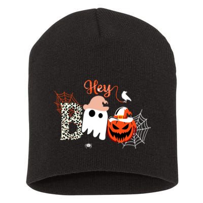 Hey Boo Funny Halloween Cute Ghost Pumpkin Short Acrylic Beanie