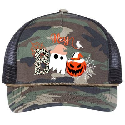 Hey Boo Funny Halloween Cute Ghost Pumpkin Retro Rope Trucker Hat Cap