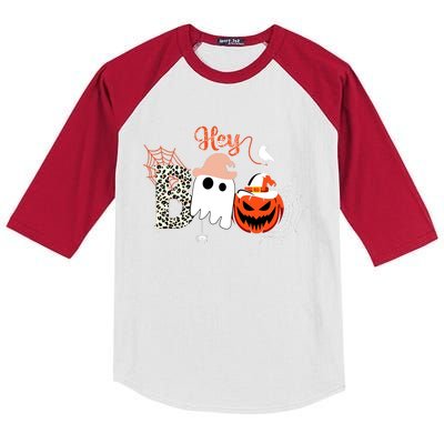 Hey Boo Funny Halloween Cute Ghost Pumpkin Kids Colorblock Raglan Jersey