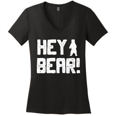 Hey Bear! Funny Hiking Outdoors Black Grizzly Bear Survival Women's V-Neck T-Shirt