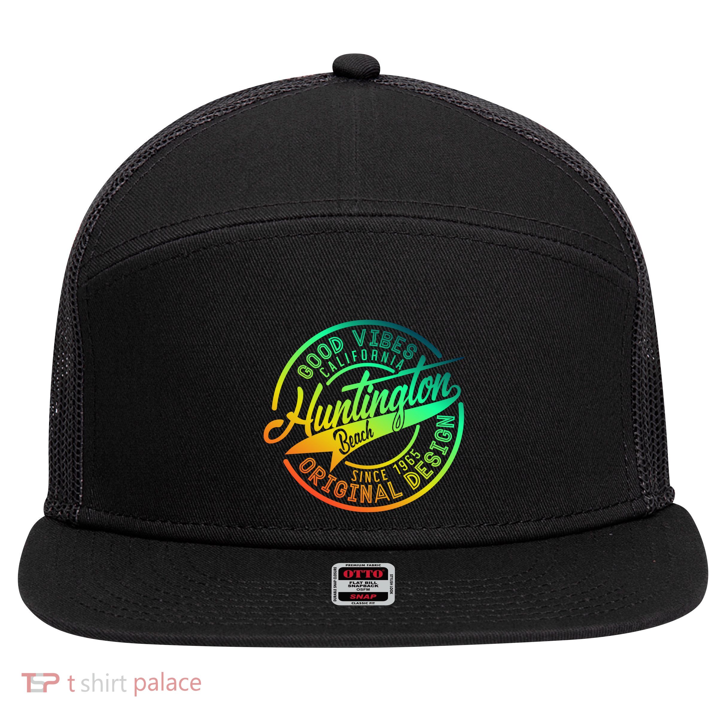 Huntington Beach Good Vibes Original Design 7 Panel Mesh Trucker Snapback Hat