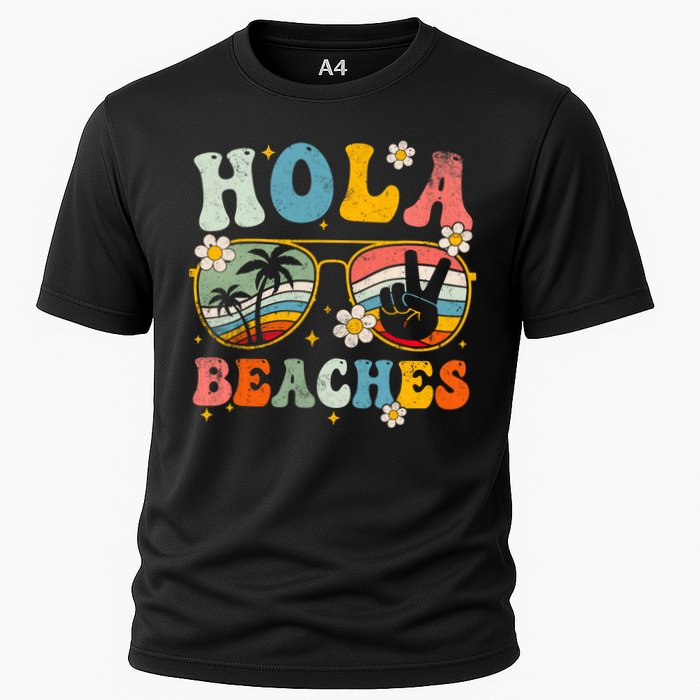 Hola Beaches Groovy Retro Funny Beach Vacation Summer Cooling Performance Crew T-Shirt