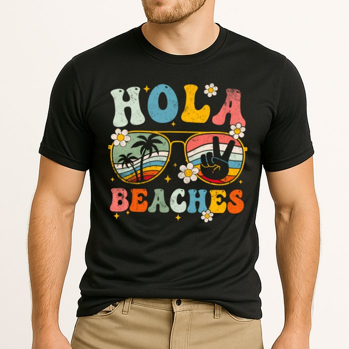 Hola Beaches Groovy Retro Funny Beach Vacation Summer Cooling Performance Crew T-Shirt