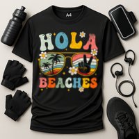 Hola Beaches Groovy Retro Funny Beach Vacation Summer Cooling Performance Crew T-Shirt