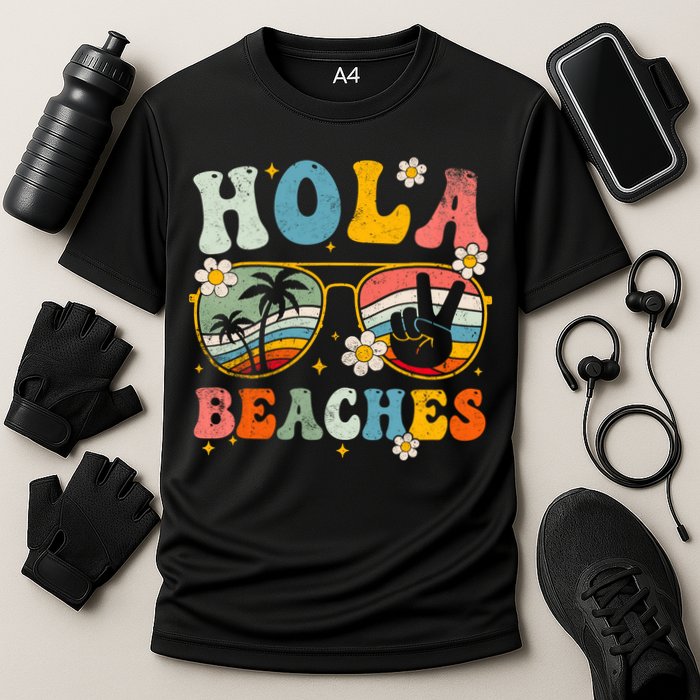 Hola Beaches Groovy Retro Funny Beach Vacation Summer Cooling Performance Crew T-Shirt