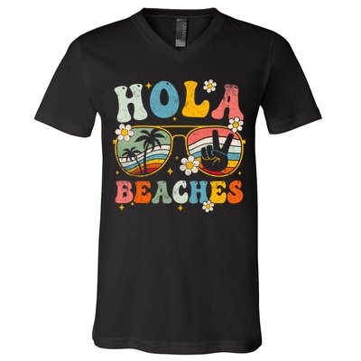Hola Beaches Groovy Retro Funny Beach Vacation Summer V-Neck T-Shirt