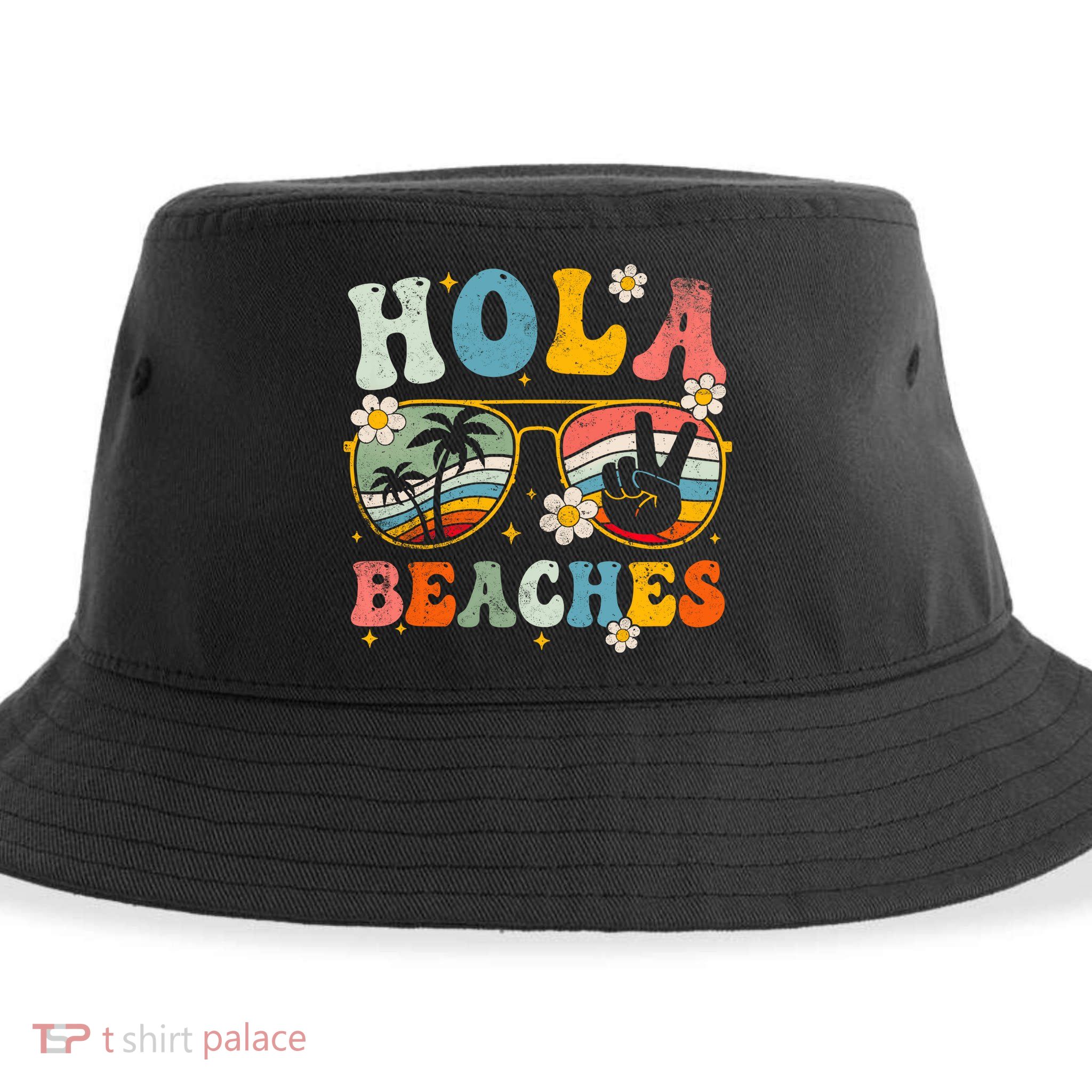 Hola Beaches Groovy Retro Funny Beach Vacation Summer Sustainable Bucket Hat