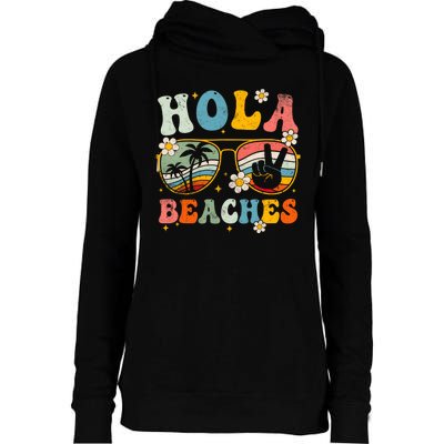 Hola Beaches Groovy Retro Funny Beach Vacation Summer Womens Funnel Neck Pullover Hood