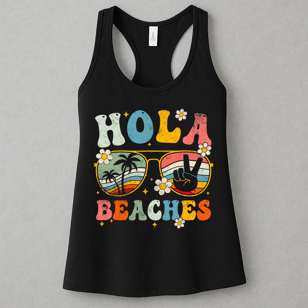 Hola Beaches Groovy Retro Funny Beach Vacation Summer Womens Tank Top