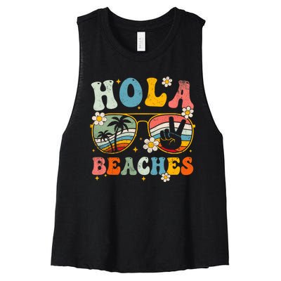 Hola Beaches Groovy Retro Funny Beach Vacation Summer Women's Racerback Cropped Tank