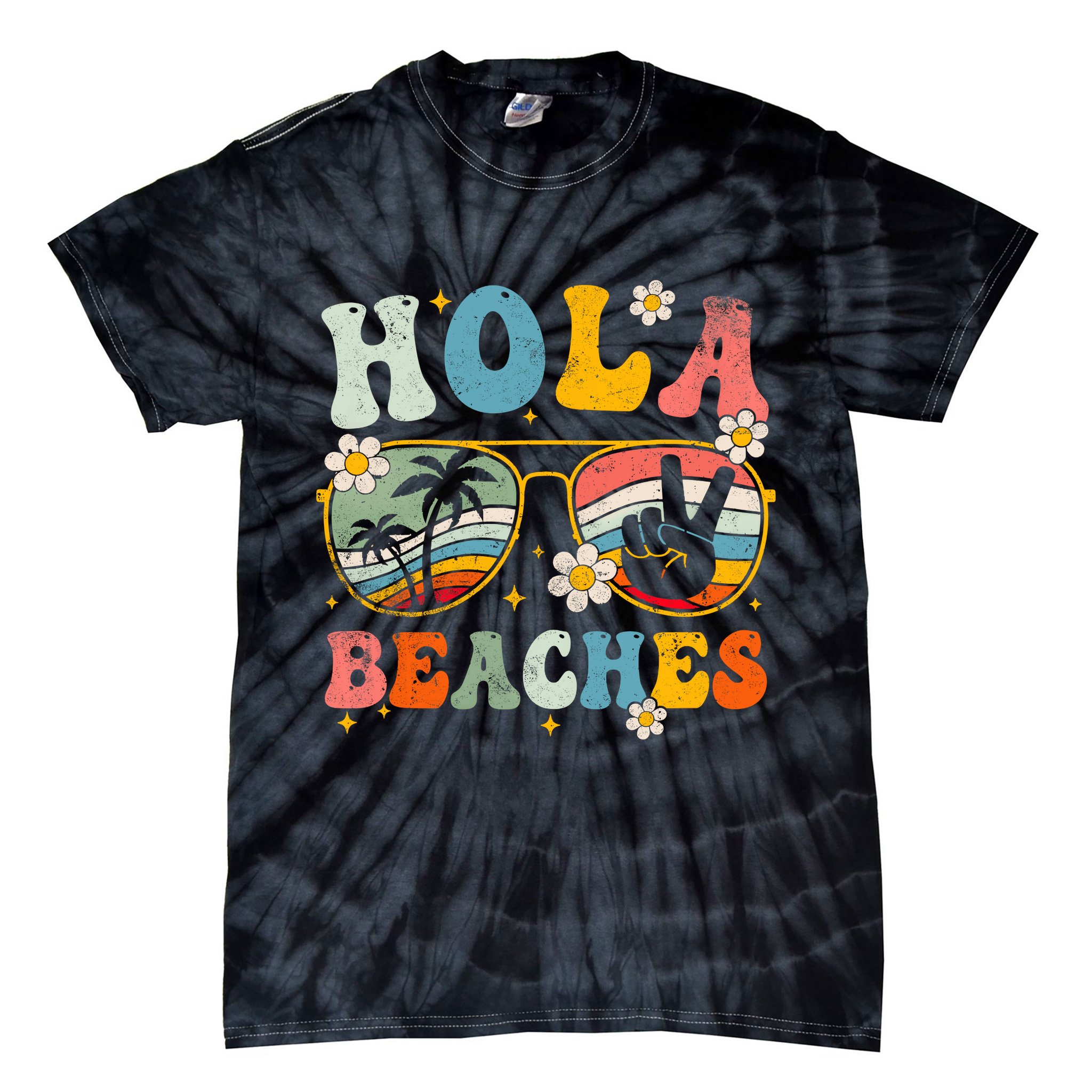 Hola Beaches Groovy Retro Funny Beach Vacation Summer Tie-Dye T-Shirt