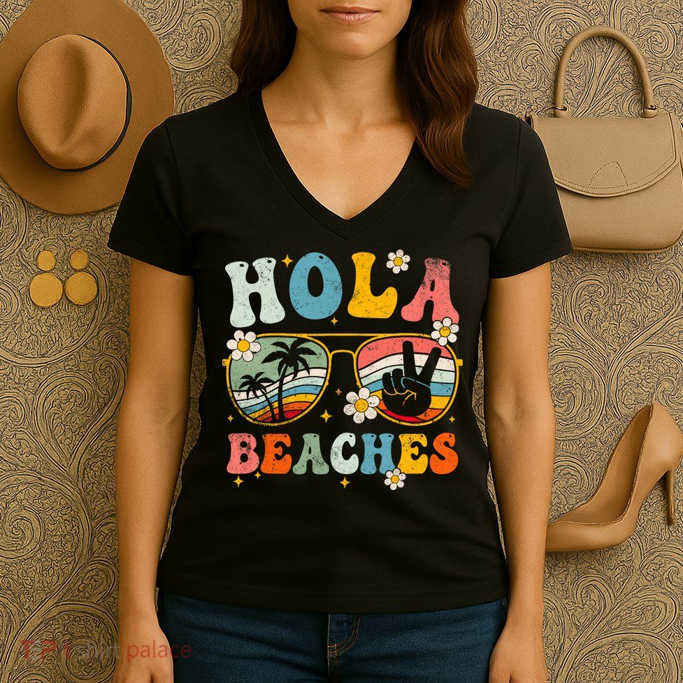 Hola Beaches Groovy Retro Funny Beach Vacation Summer Women's V-Neck T-Shirt