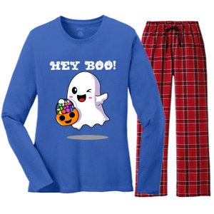 Hey Boo Ghost Trick Or Treat Funny Gift Women's Long Sleeve Flannel Pajama Set 