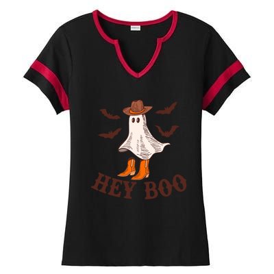 Hey Boo Ghost Western Cow Funny Halloween Spooky Cute Gift Ladies Halftime Notch Neck Tee