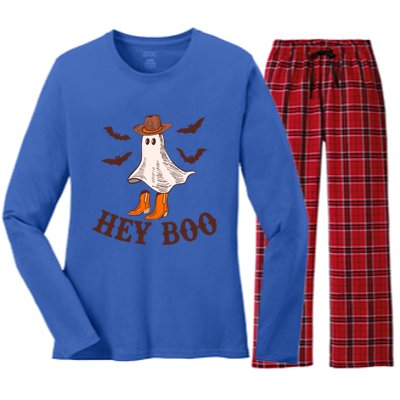 Hey Boo Ghost Western Cow Funny Halloween Spooky Cute Gift Women's Long Sleeve Flannel Pajama Set 