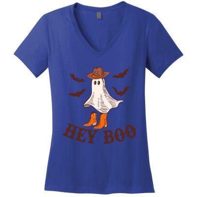 Hey Boo Ghost Western Cow Funny Halloween Spooky Cute Gift Women's V-Neck T-Shirt