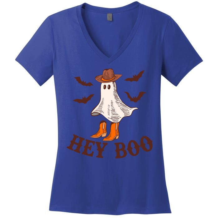 Hey Boo Ghost Western Cow Funny Halloween Spooky Cute Gift Women's V-Neck T-Shirt