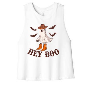 Hey Boo Ghost Western Cow Funny Halloween Spooky Cute Gift Women's Racerback Cropped Tank